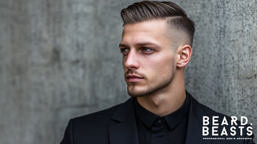 Side profile of a 30-year-old man showcasing a classic comb-over skin fade haircut, with neatly combed hair swept to the side and a sharp mid-fade that transitions seamlessly.