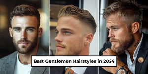 Three stylish men showcasing the best gentlemen hairstyles for 2024.