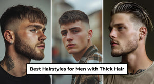 A collage of three stylish men showcasing the best hairstyles for men with thick hair, featuring textured cuts and sleek styles.