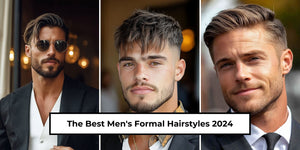 Three stylish men showcasing different men's formal hairstyles for 2024.  Each hairstyle is paired with sharp outfits, highlighting the best formal hairstyles for men that suit various face shapes and occasions.