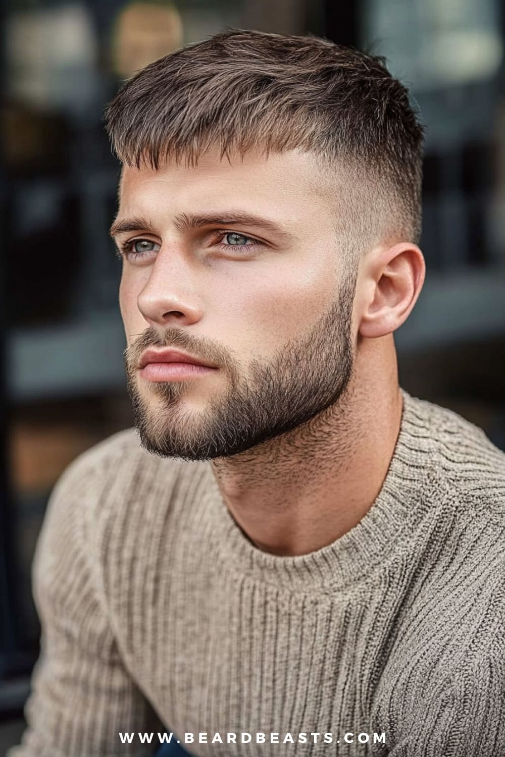 A man with a sharp blunt fringe hairstyle is featured in this image, showcasing neatly trimmed thinning straight hair with a short, even fringe across the forehead.