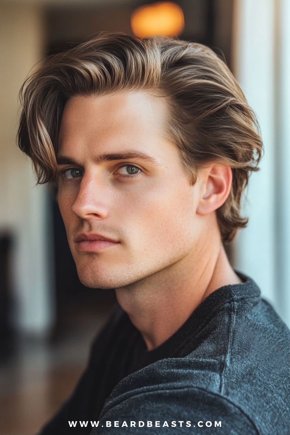 A young man with striking features is effortlessly sporting a "Bro Flow" hairstyle, characterized by its relaxed, natural look. His hair is medium length, flowing freely with soft waves that frame his face and add a sense of casual sophistication. The sides are slightly pushed back, giving a laid-back yet refined appearance that perfectly complements his strong jawline and clean-shaven face. Dressed in a simple, dark sweater, his style is understated yet polished, ideal for those who appreciate a more natural and low-maintenance look.