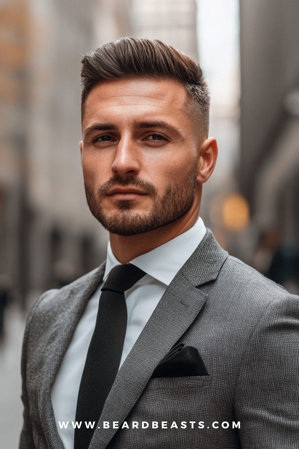 Brushed Up Hairstyle - A sharp gentleman's haircut featuring a voluminous, brushed-up top with clean faded sides, paired with a neatly trimmed beard. Perfect for a confident and professional look.