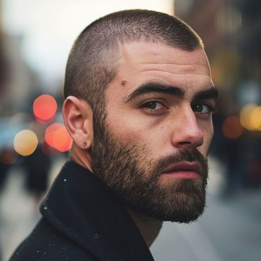 A close-up portrait of a man with a burr buzz cut. The haircut features a very short, uniform length of hair across the entire head, slightly longer than an induction cut, providing a clean yet textured look. The man has a thick, well-groomed beard that complements the simplicity of the buzz cut, adding to his rugged, masculine appearance. He is outdoors in an urban setting with blurred city lights in the background, giving the image a moody, stylish vibe. The overall look is sharp, modern, and effortlessly cool.