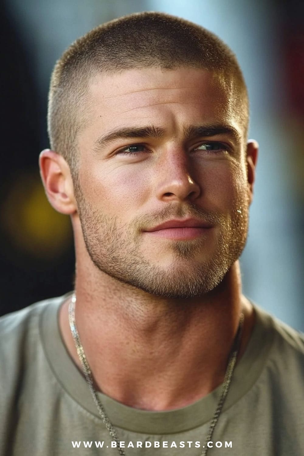 A close-up image of a man with a Burr Cut hairstyle, featuring hair that is uniformly trimmed to a very short length all over his head, creating a clean and neat appearance. This haircut is a classic example of military haircuts for men, known for its practicality and ease of maintenance. The man has a light, well-groomed beard that enhances his chiseled jawline, adding to the overall sharp and masculine look. He is wearing an olive-green t-shirt and a silver chain, which complements the rugged yet polished style of the Burr Cut. The background is softly blurred with warm tones, ensuring the focus remains on the haircut, showcasing its simplicity, versatility, and timeless military-inspired appeal.