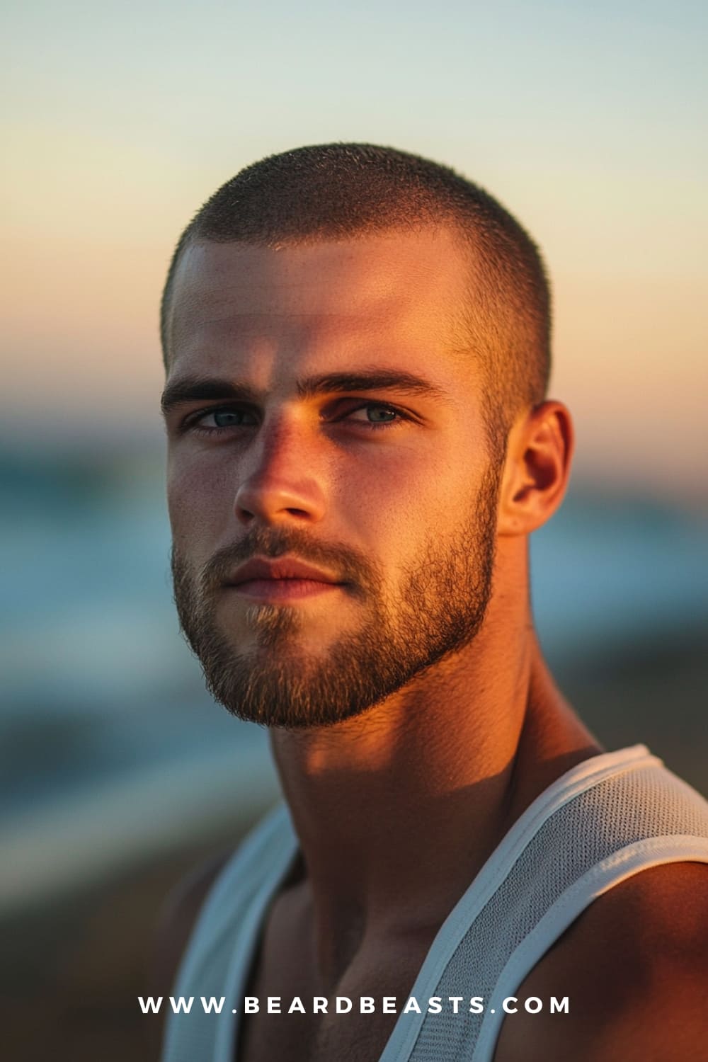 A man with a buzz cut and light beard. The clean, low-maintenance cut reflects a sharp yet relaxed style, perfect for beach-ready looks.