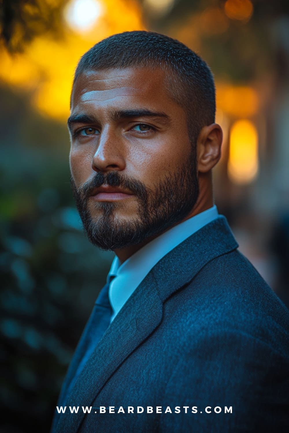 Man with a sharp buzz cut and beard, dressed in a suit, showcasing a stylish and easy-to-manage look. The buzz cut is one of the best low maintenance haircuts for men, offering a clean and minimal grooming routine while maintaining a polished appearance.