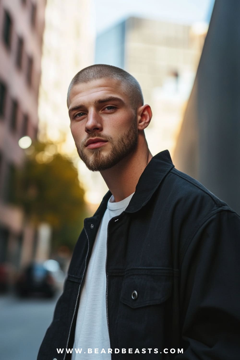 A man with a clean and stylish buzz cut, which is one of the popular short haircuts for guys. His hair is neatly trimmed in a classic buzz cut, complementing his well-groomed beard. Dressed in a black jacket over a white t-shirt, he exudes a modern and casual vibe. The blurred cityscape background highlights his strong facial features and emphasizes the sleekness of this low-maintenance haircut.