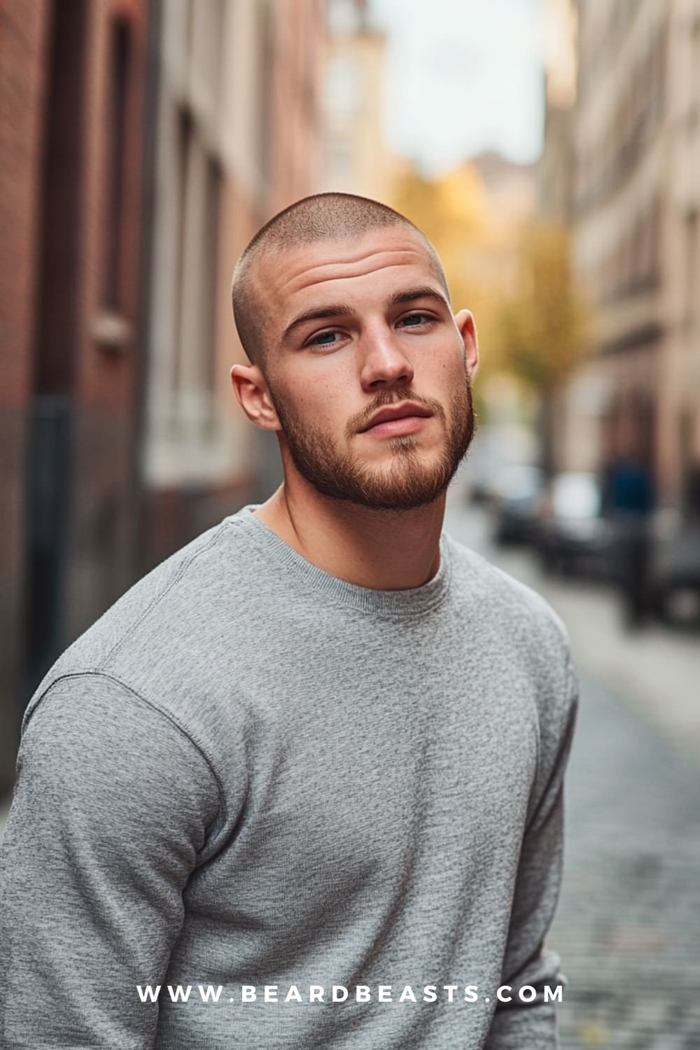 A man with a neatly groomed buzz cut hairstyle is standing in an urban street setting, wearing a light gray long-sleeve shirt. His short haircut, which is a clean, low-maintenance style, highlights his facial features and beard.