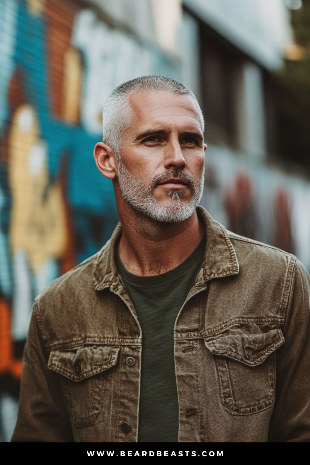 A confident older man with a well-groomed salt-and-pepper beard, sporting a Buzz Cut, one of the most practical and timeless short hairstyles for older men. His hair is cut uniformly close to the scalp, emphasizing the strong lines of his face and giving off a clean, minimalist look. The outdoor setting with a blurred urban backdrop contrasts nicely with his sharp, effortless style. This image highlights the simplicity and boldness of the Buzz Cut, making it an ideal choice for men seeking a no-fuss, low-maintenance hairstyle in their mature years.