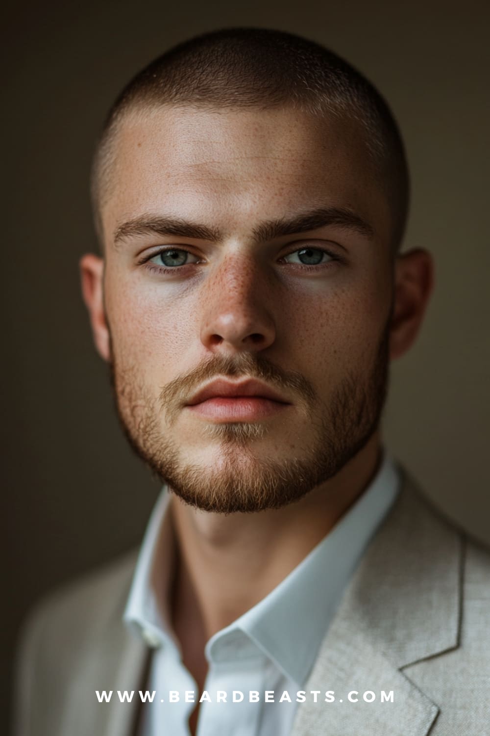 A man showcasing a buzz cut, a clean and minimalistic haircut with evenly shaved hair. The style is bold and low-maintenance, paired with a well-groomed beard, highlighting one of the most stylish haircuts for men in 2024.