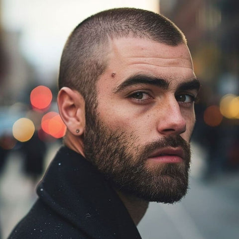 Close-up of a man with a stylish Buzz Cut, featuring neatly trimmed, short hair with a subtle fade, and a well-groomed beard. The urban background with blurred city lights adds a modern, edgy vibe to this classic short hairstyle for men