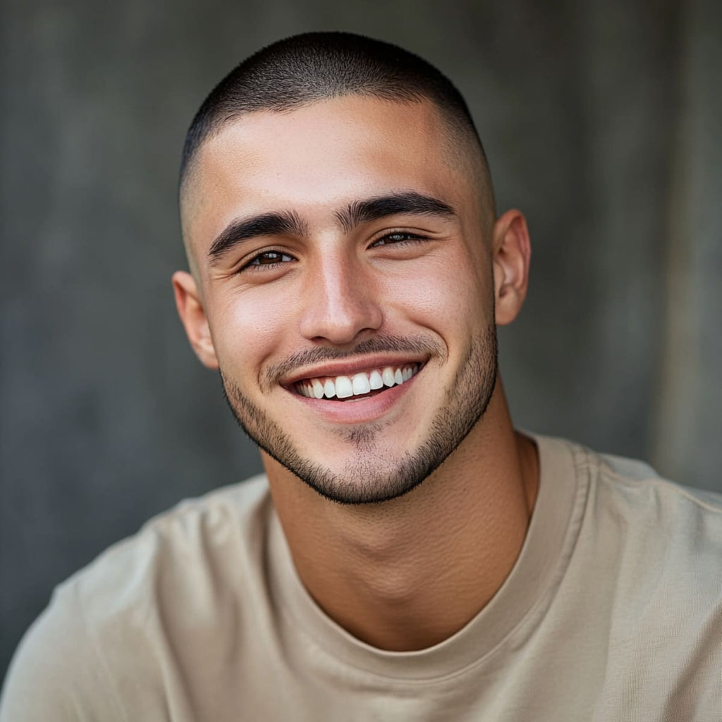 A portrait of a handsome 25-year-old man with a buzz cut skin fade hairstyle, smiling warmly at the camera. He is wearing a casual beige t-shirt, and his neatly trimmed beard complements the clean-cut look. His sharp features, bright smile, and well-defined jawline are enhanced by the fade hairstyle.