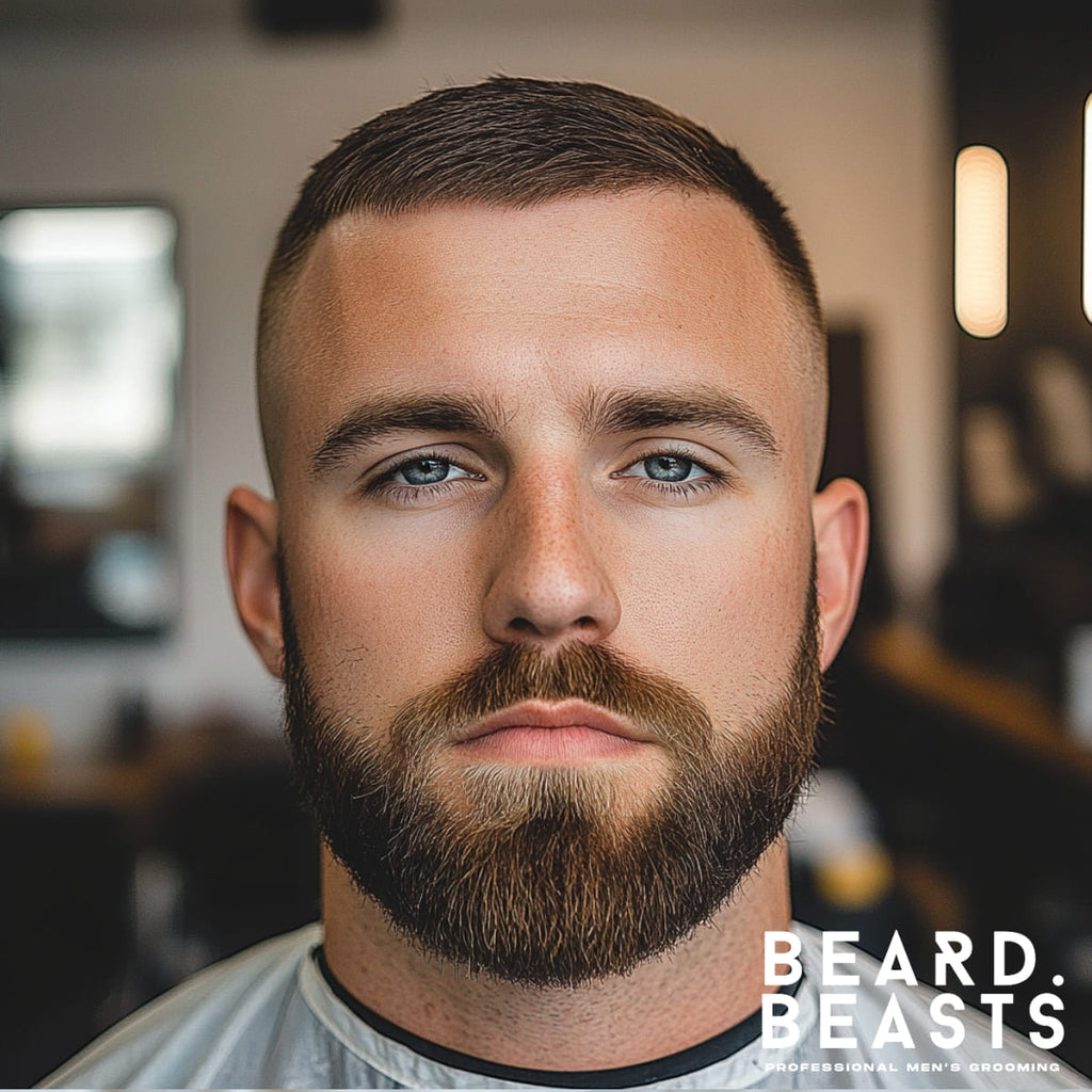 A front-facing portrait of a 30-year-old man with a buzz cut featuring a clean high fade that blends seamlessly into a full, well-groomed beard. The haircut is sharp and precise, with the buzzed top showcasing a uniform length, emphasizing his strong facial features. His beard is neatly shaped, complementing the bold, masculine hairstyle. The background depicts a modern barbershop with warm lighting, sleek mirrors, and a professional grooming atmosphere, highlighting the polished look.