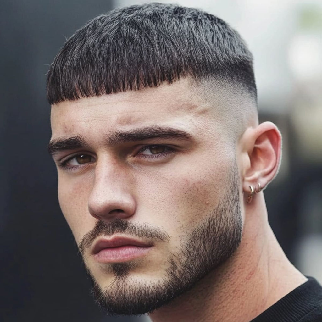 A close-up of a man with a Caesar cut, an ideal haircut for guys with small heads. This style features short, evenly trimmed hair with a defined, straight fringe that sits just above the eyebrows, adding structure to the face. The sides are faded, creating a clean and modern look that enhances facial features and balances proportions. This classic Caesar cut is perfect for men with smaller head shapes, offering a bold yet refined appearance.