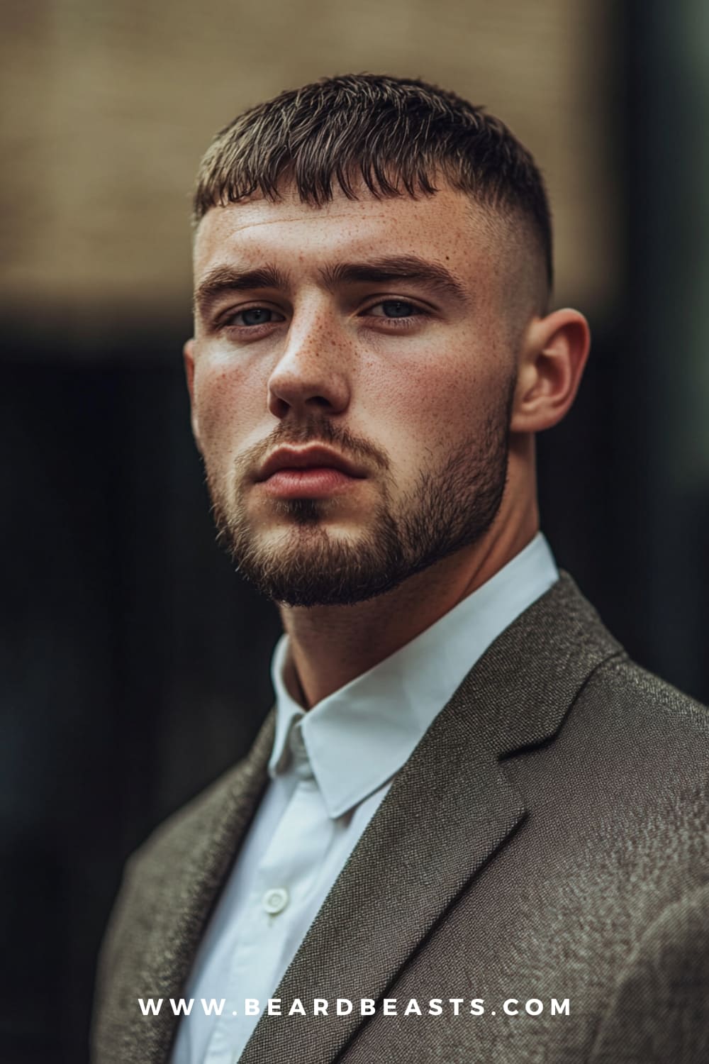 Man with a classic Caesar cut and light beard, dressed in a formal suit. The Caesar cut is a timeless and versatile option which provides a clean, easy-to-manage look with minimal styling required.