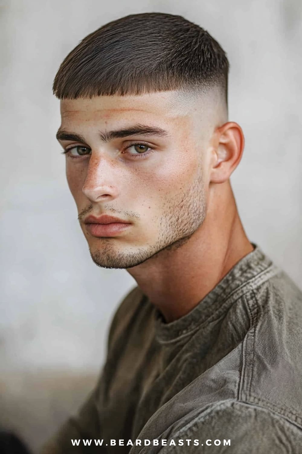 A close-up image of a man with a stylish Caesar Cut, featuring short, even hair all around with a distinct, straight fringe across the forehead. The haircut gives a modern twist to a classic style, combining a clean, sharp look with a touch of youthful edge. His neatly trimmed facial hair adds to the defined appearance of the cut, creating a harmonious balance between ruggedness and sophistication. He is wearing a textured, olive-green shirt, which complements the understated yet striking nature of the haircut. The background is softly blurred with light, neutral tones, keeping the focus on the precision and detail of the Caesar Cut, highlighting its timeless and versatile appeal.