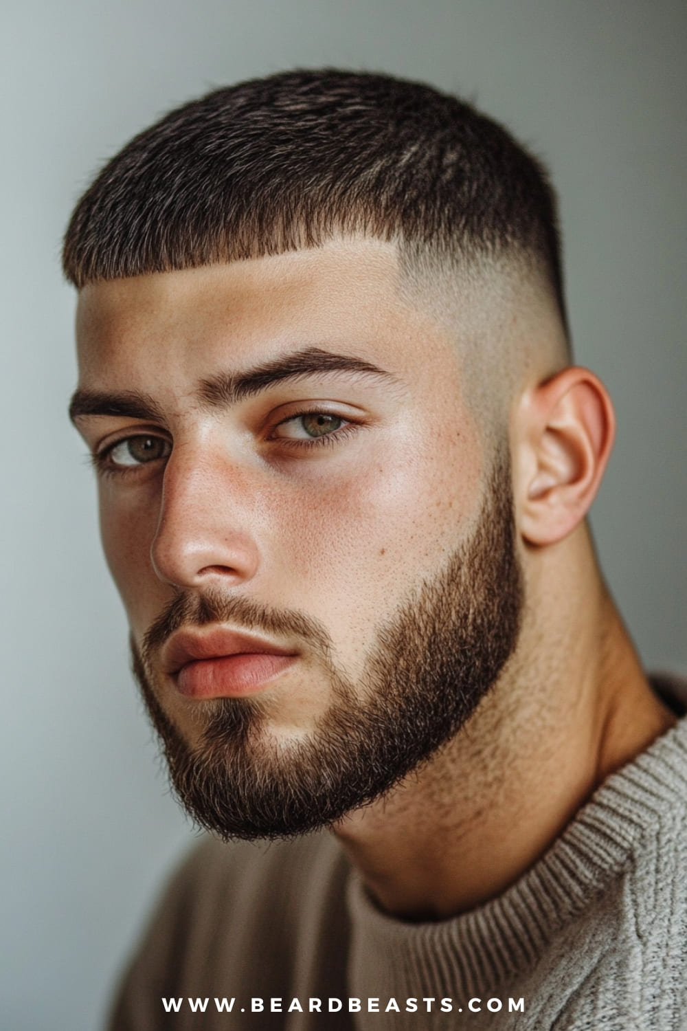 A young man sporting a well-defined Caesar cut, one of the classic short hairstyles for men with thick hair, is captured in a close-up shot. His thick hair is neatly cropped with a straight fringe across the forehead, highlighting the clean and structured nature of this timeless style. The sides are closely faded, creating a sharp contrast that accentuates his strong facial features. He also has a full, well-groomed beard that complements the overall look. Dressed in a casual sweater, he exudes a modern and confident vibe. The simple, neutral background keeps the focus on his haircut and facial expression, while a website link is displayed at the bottom of the image.