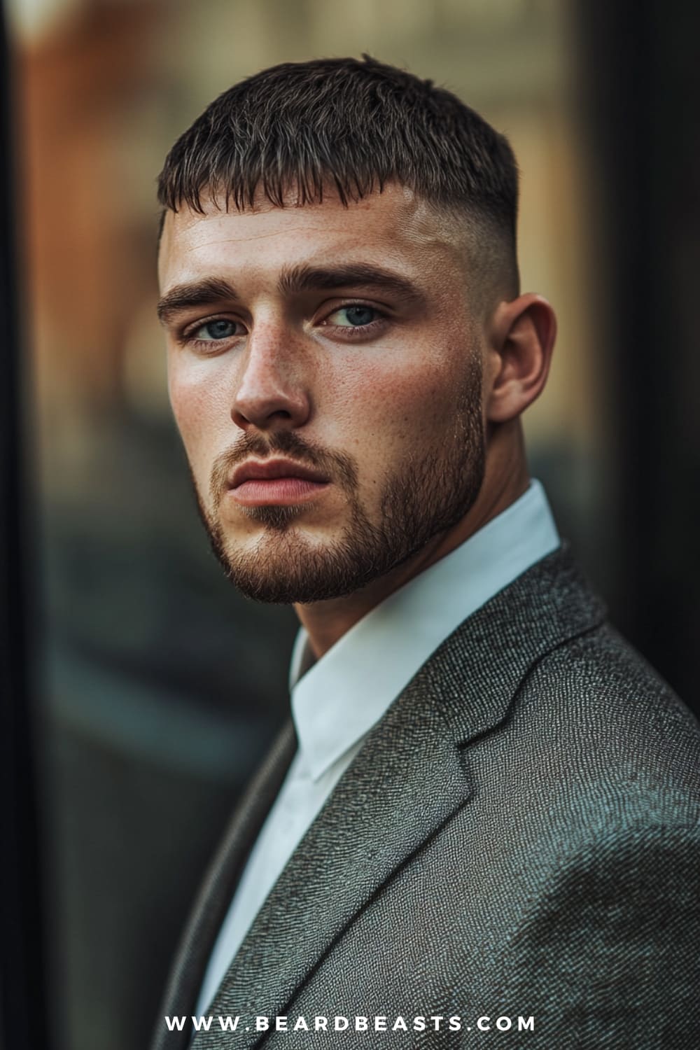 A man with a sharp Caesar cut is captured in a close-up shot, showcasing a short, textured fringe that gently falls over his forehead. The hair on the sides is faded, while the top remains slightly longer, adding volume and definition to his look. His well-groomed beard complements the clean lines of the haircut, creating a polished and stylish appearance. This short hairstyle for men with thin hair is perfect for adding texture and concealing a thinning hairline, while maintaining an effortlessly cool, modern style. The formal suit adds a touch of elegance to the overall look, making this haircut versatile for both casual and professional settings.