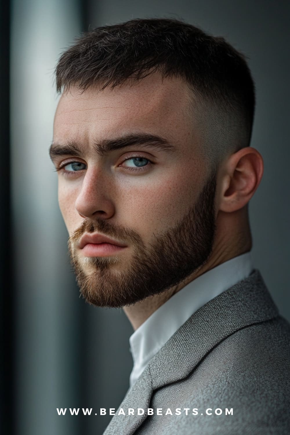 Caesar Cut Hairstyle - A modern gentleman's haircut featuring a short, textured fringe and a clean fade, paired with a well-groomed beard. Ideal for men seeking a stylish yet low-maintenance look.