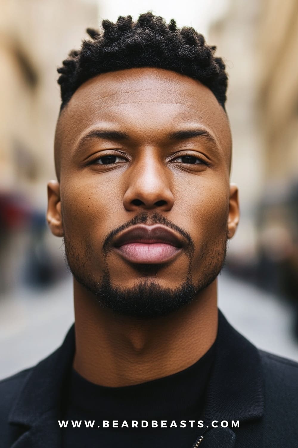 Portrait of a man with a square face, wearing a well-groomed circle beard that frames his chin and mustache. The beard style highlights his defined jawline and balanced facial features, while his short, textured hair adds to the overall clean, modern look. This image showcases one of the best beard styles for square faces, offering a neat and structured appearance.