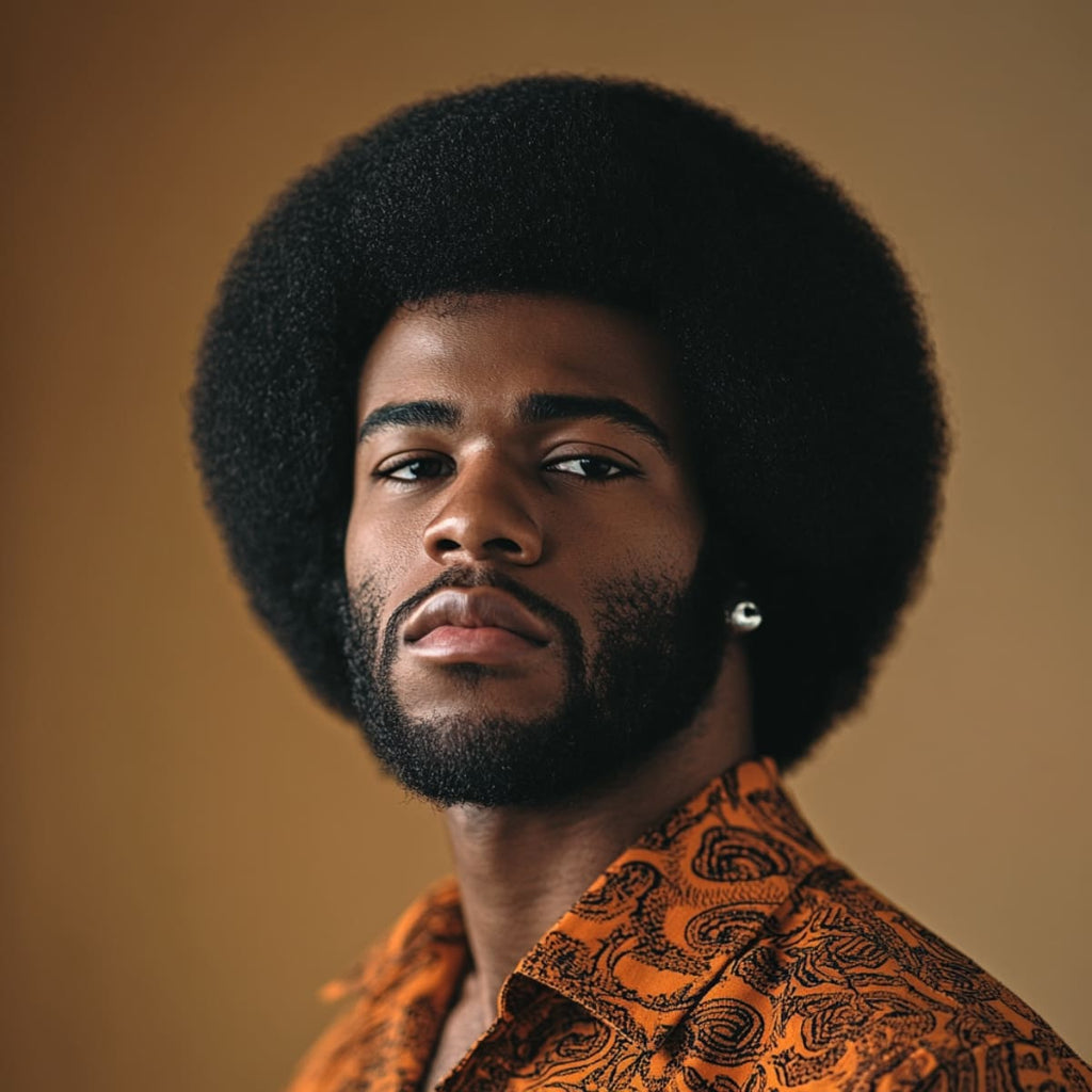 Portrait of a handsome 30-year-old man with a full, rounded Afro hairstyle, wearing a vintage patterned shirt in warm tones. The confident expression and natural texture of his hair capture a timeless, retro-inspired look against a soft, neutral background.