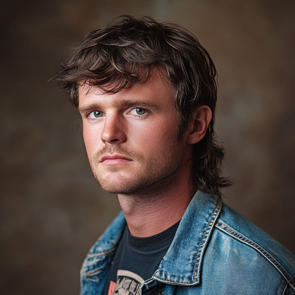 Handsome 30-year-old white man with a classic 70s mullet hairstyle, featuring short layers in the front and long, flowing hair at the back. He wears a vintage denim jacket over a graphic T-shirt, giving a retro yet modern vibe. The image captures the iconic "business in the front, party in the back" appeal of the 70s mullet style, blending nostalgic 70s men’s fashion with a contemporary look.