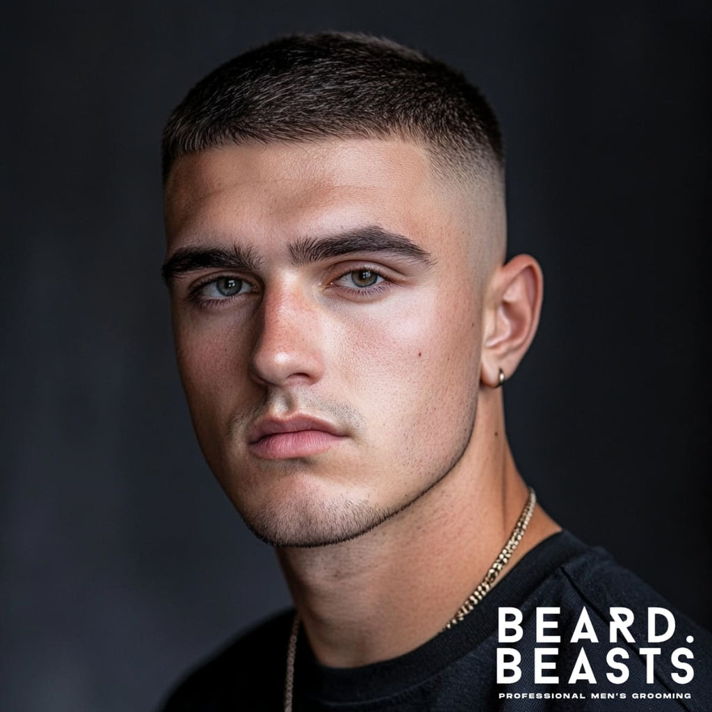 Portrait of a young man with a classic bald high fade, featuring shaved sides and a neatly trimmed, short top. The sharp fade highlights clean lines and a polished finish, giving the haircut a timeless and low-maintenance appeal. His neutral expression and sleek black background emphasize the modern and versatile nature of the bald high fade, perfect for men seeking a sharp, stylish look.