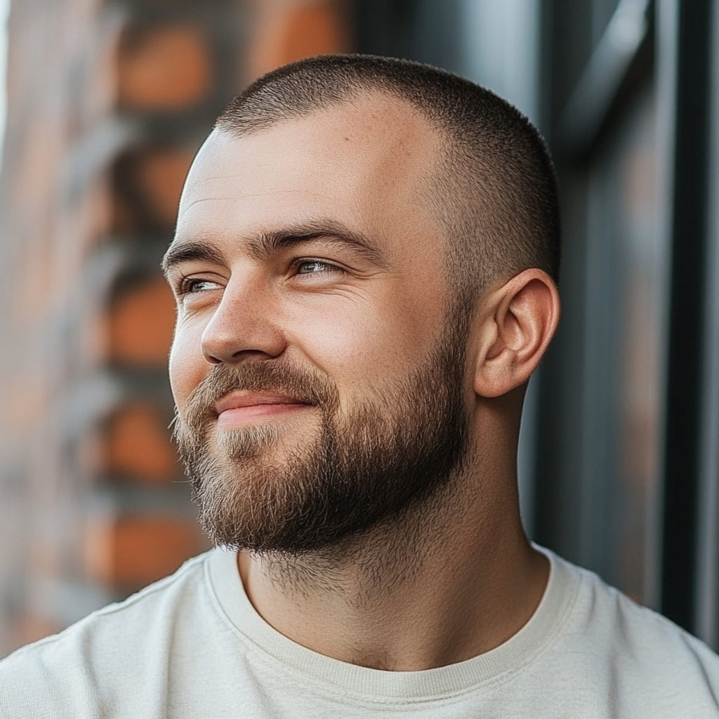 A man with a classic buzz cut for receding hairline and a full, well-groomed beard smiles while looking off to the side. This men’s receding hairline haircut features very short, even hair that creates a clean, low-maintenance look, ideal for minimizing the appearance of a receding hairline. The beard adds rugged style, complementing the best hairstyle for receding hairlines and enhancing his facial features against a soft, blurred background.