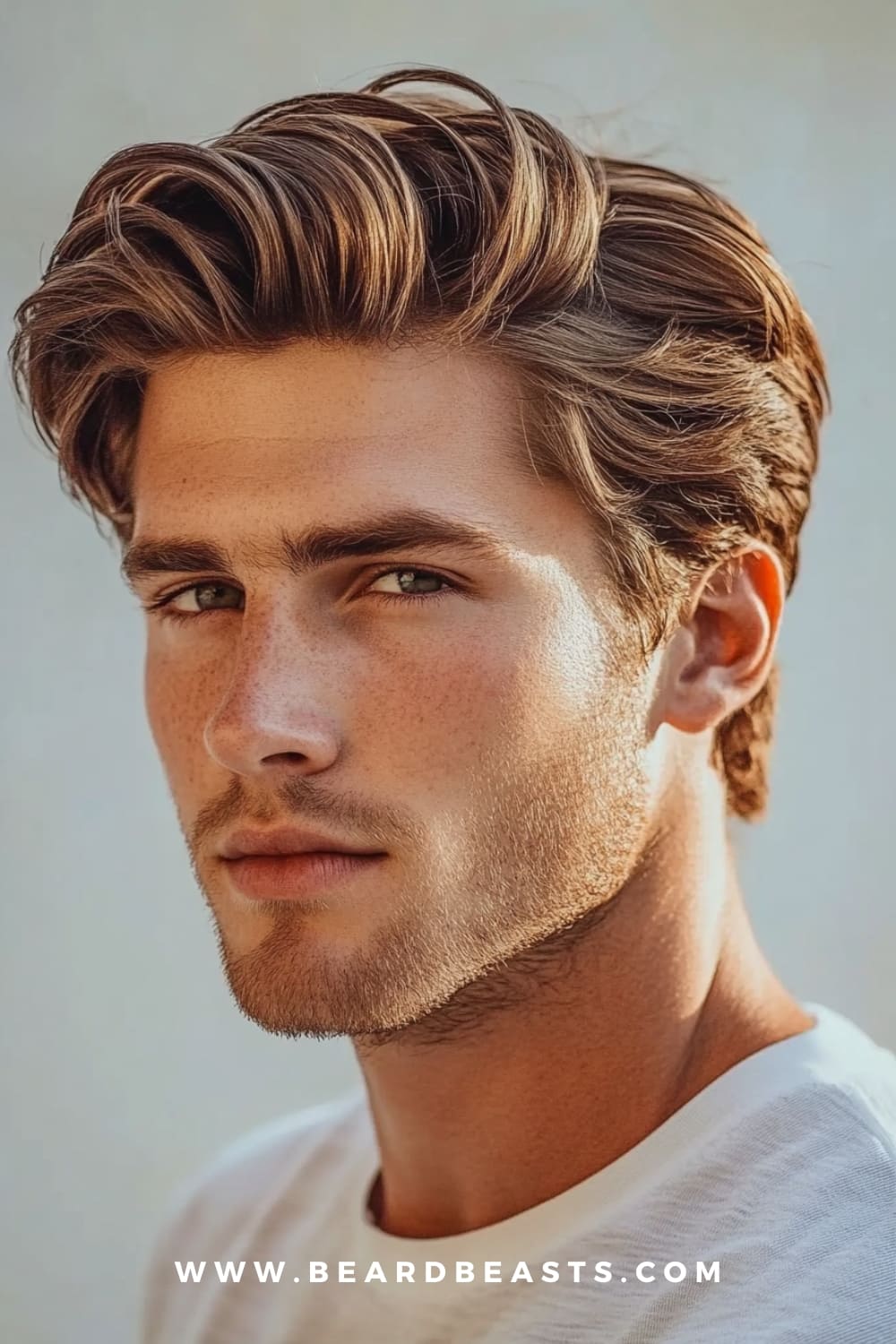 A young man with a stylish, classic men's flow haircut that features soft, voluminous waves of brown hair, swept back and slightly tousled for a natural look. His hair complements his well-groomed stubble beard, giving him a fresh and rugged appearance. The man has a light complexion with freckles and piercing green eyes, exuding a confident yet relaxed demeanor.