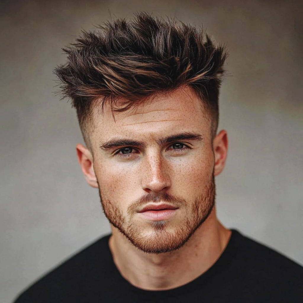 Handsome man with classic messy spiky hair and faded sides, showcasing a stylish, textured look. The hairstyle features sharp, tousled spikes on top with a clean fade, perfect for a modern and edgy appearance.