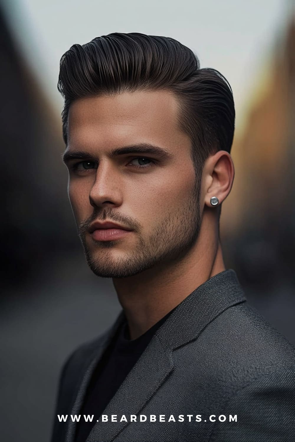 Modern Pompadour Hairstyle - A stylish gentleman's haircut featuring a sleek pompadour with short, tapered sides. A refined look for men seeking a sophisticated and trendy appearance.