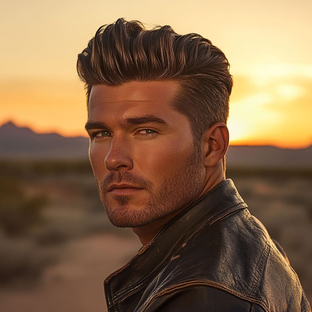 Man with a voluminous, slightly wavy pompadour hairstyle, styled with a soft, natural finish. He wears a leather jacket and gazes confidently into the distance against a warm, sunset-lit desert backdrop. His expression is intense yet relaxed, and the lighting accentuates the texture and shape of his hair, blending classic style with a rugged, modern look.