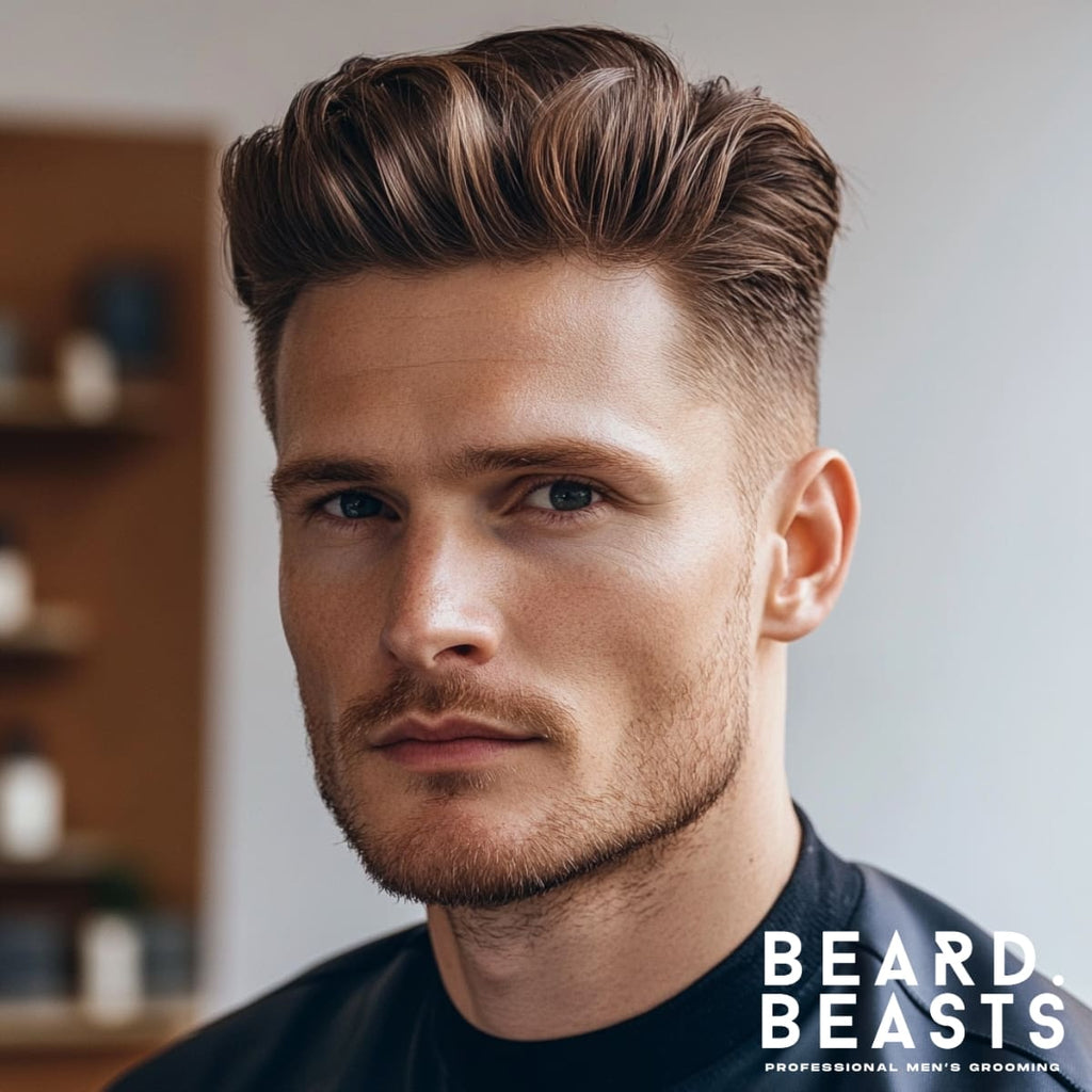 A close-up front-facing view of a man with a classic quiff and high fade haircut, styled neatly for a polished and sophisticated look. The hair on top is brushed forward with the fringe styled upward and smoothly swept back, creating a clean, formal aesthetic. The sides are faded seamlessly into the top, highlighting the sharp, well-groomed finish of the cut. The man has a light beard that adds to the overall refined appearance. The background features a softly blurred, modern barbershop with shelves and warm lighting, emphasizing the haircut's timeless appeal. The image includes the "Beard Beasts" logo, promoting professional men's grooming.