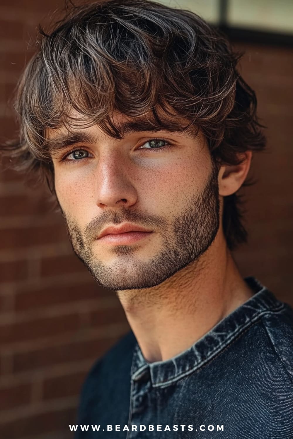 The image features a close-up of a young man with a classic shaggy men’s haircut. His hair is medium-length, with natural, tousled layers that frame his face, creating a relaxed and effortless look. The shaggy fringe gently falls over his forehead, adding a soft, youthful touch. His facial hair is neatly trimmed into a light beard that complements the casual vibe of his hairstyle. The overall appearance is laid-back yet stylish, perfect for those who appreciate low-maintenance grooming with a fashionable edge. The background is softly blurred, keeping the focus on his men's shaggy hairstyle and well-groomed beard.