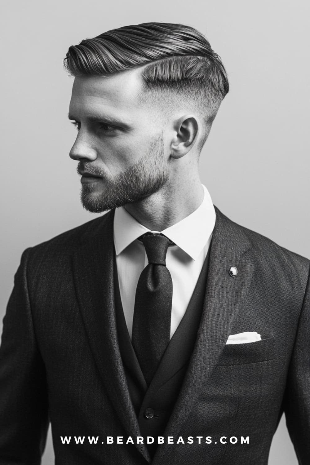 A sharp, sophisticated man showcasing one of the best gentlemen hairstyles for men in 2024. The clean, side-parted hairstyle is paired with a neatly groomed beard, emphasizing a polished and professional look in a tailored suit.