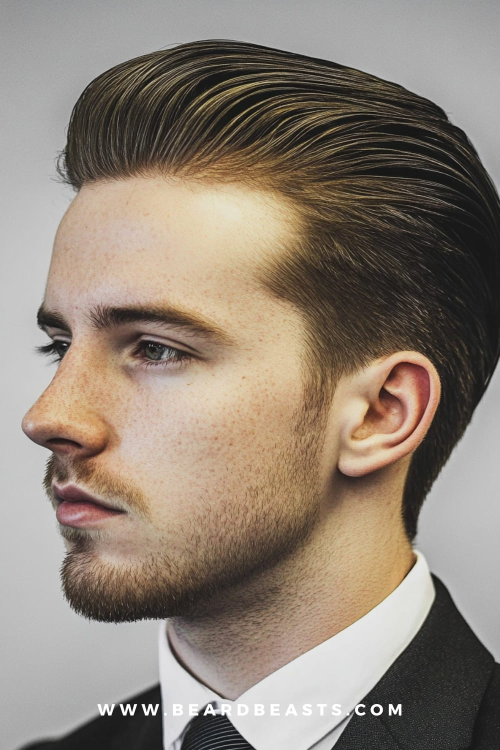 A man with a slicked-back hairstyle, showcasing one of the best gentlemen hairstyles for men in 2024. The look features smooth, well-groomed hair paired with a light beard, exuding a polished and professional vibe.