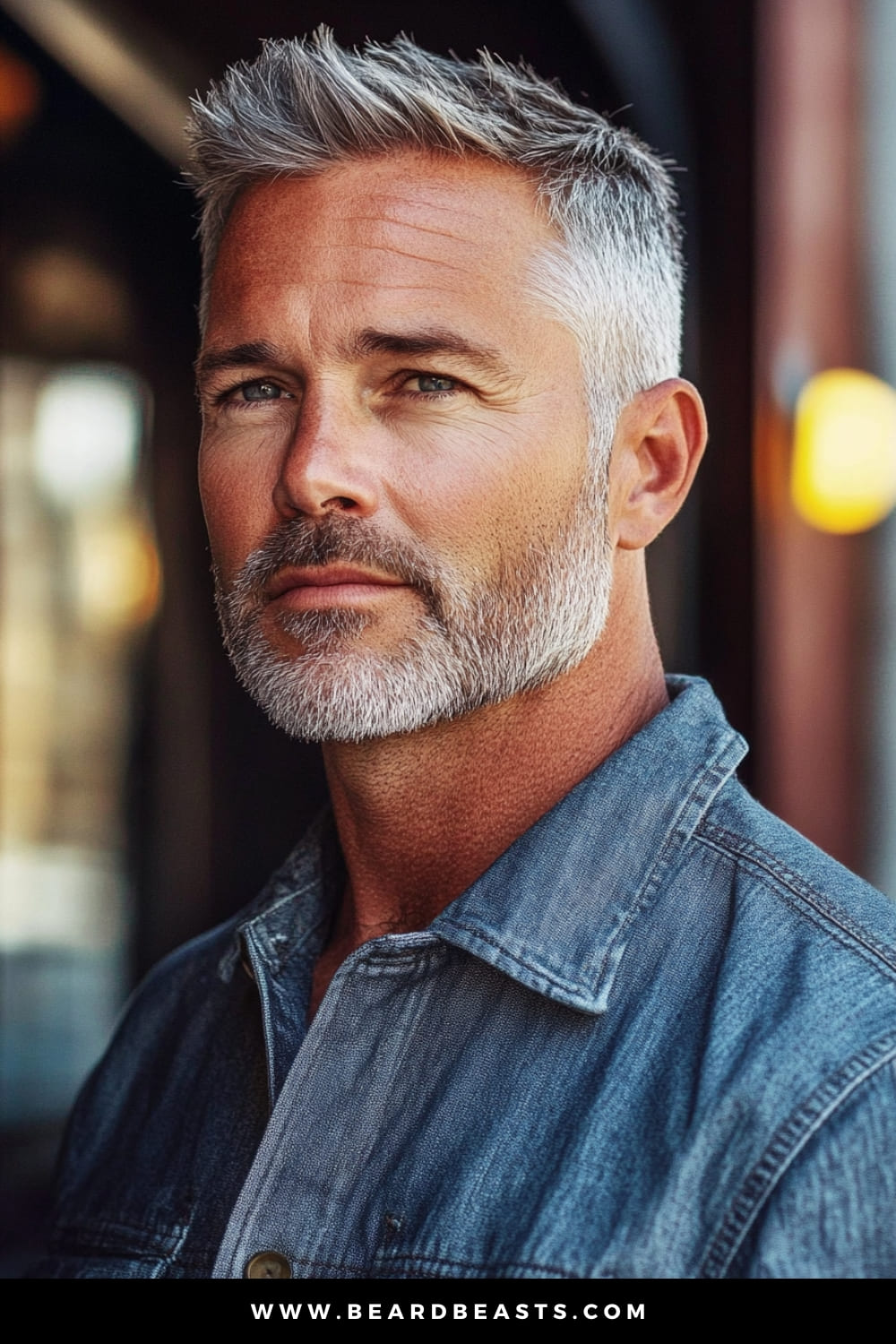 A distinguished older man with a well-groomed salt-and-pepper beard and hair styled in a Classic Taper Cut, a popular choice among short hairstyles for older men. His short, textured hair is neatly combed back, emphasizing a timeless, refined look perfect for men over 50. The image showcases the sharp, clean lines of his haircut, enhancing his mature, confident appearance.