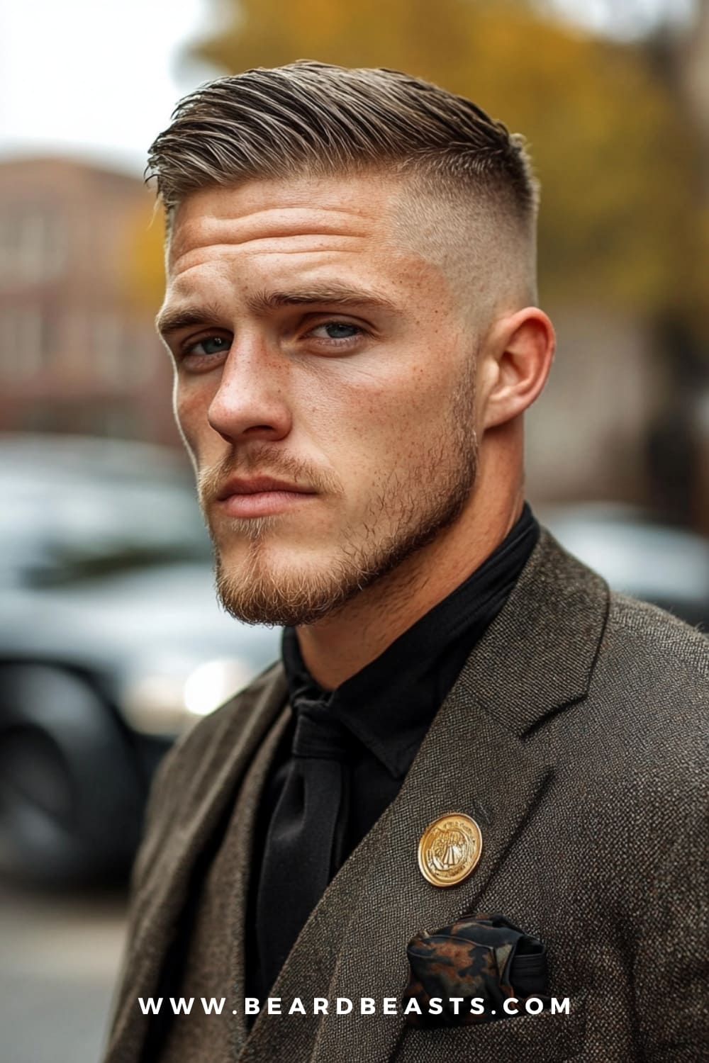 Man with a stylish comb over haircut, paired with a well-groomed beard and formal attire. The comb over is a classic option among low maintenance haircuts for men, offering a sleek, professional appearance with minimal styling required.