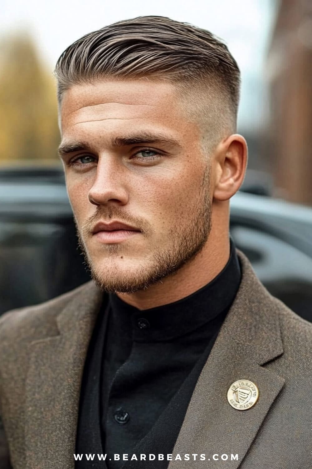 A man with sharp, confident features is showcasing a Comb Over hairstyle, a refined and polished option among medium length hairstyles for men. His hair is neatly parted on the side, with the top section combed over smoothly, creating a sleek and sophisticated look. The sides are faded, adding a modern edge to this classic style while maintaining a clean, professional appearance. His beard is meticulously groomed, complementing the hairstyle and adding to the overall sharpness of his look. He is dressed in a tailored brown blazer over a black shirt, complete with a lapel pin, exuding a sense of authority and style.