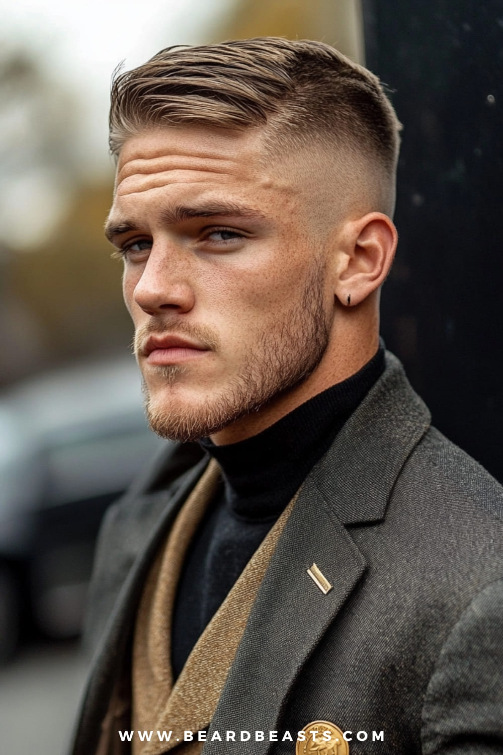 A man with a stylish comb over hairstyle is featured in this image, showcasing a sleek, medium-length top that is neatly swept to the side. The sides are faded, creating a sharp contrast that accentuates the fullness and texture of the top. This medium-length hairstyle for men with thin hair is perfect for adding volume and sophistication, making the hair appear thicker. Paired with a well-groomed beard and a smart, layered outfit, this look exudes modern elegance, suitable for both casual and formal occasions. The comb over adds structure and style while keeping the overall appearance clean and refined.