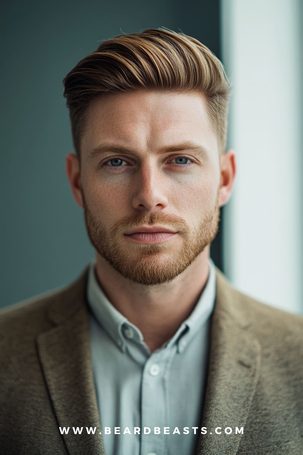 A man showcasing a stylish combover, one of the top gentlemen hairstyles for men in 2024. The hairstyle features neatly combed, voluminous hair paired with a well-groomed beard, creating a polished and confident look.