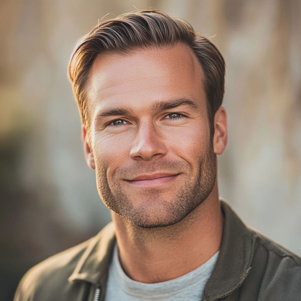 A man with a comb over, a classic choice among Men’s Hairstyles for Receding Hairlines, smiles confidently, showcasing a polished and sophisticated look. His hairstyle features neatly combed hair swept to the side, adding volume and effectively minimizing focus on his hairline. Set against a softly blurred, natural background, this style gives him a relaxed, yet professional appearance, highlighting his confident, approachable vibe.