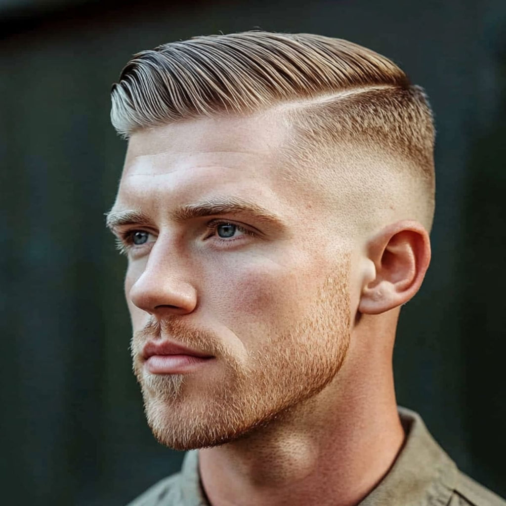 A close-up portrait of a man with a stylish comb over skin fade hairstyle. His hair is neatly parted to the side, with the top styled in a smooth, sleek comb-over, while the sides gradually fade down to the skin for a clean, polished look. His beard is well-trimmed, complementing his sharp jawline and overall refined appearance.