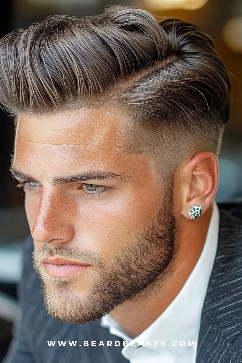 Comb Over with Hard Part Hairstyle - A stylish gentleman's haircut featuring a sharp hard part and voluminous comb over, paired with short faded sides and a neatly groomed beard. Ideal for a bold, sophisticated look. Keywords: comb over with hard part, gentlemen hairstyles, men's grooming.