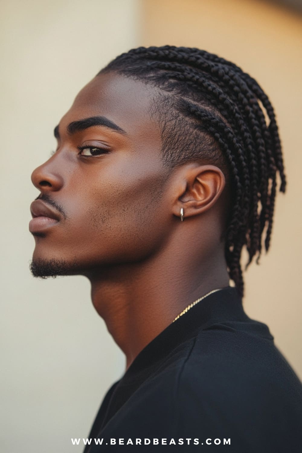 A young man with a confident and striking profile is showcasing neatly styled cornrows, a classic and culturally significant hairstyle. The braids are intricately woven close to the scalp, creating a clean and precise look that extends down to medium length.