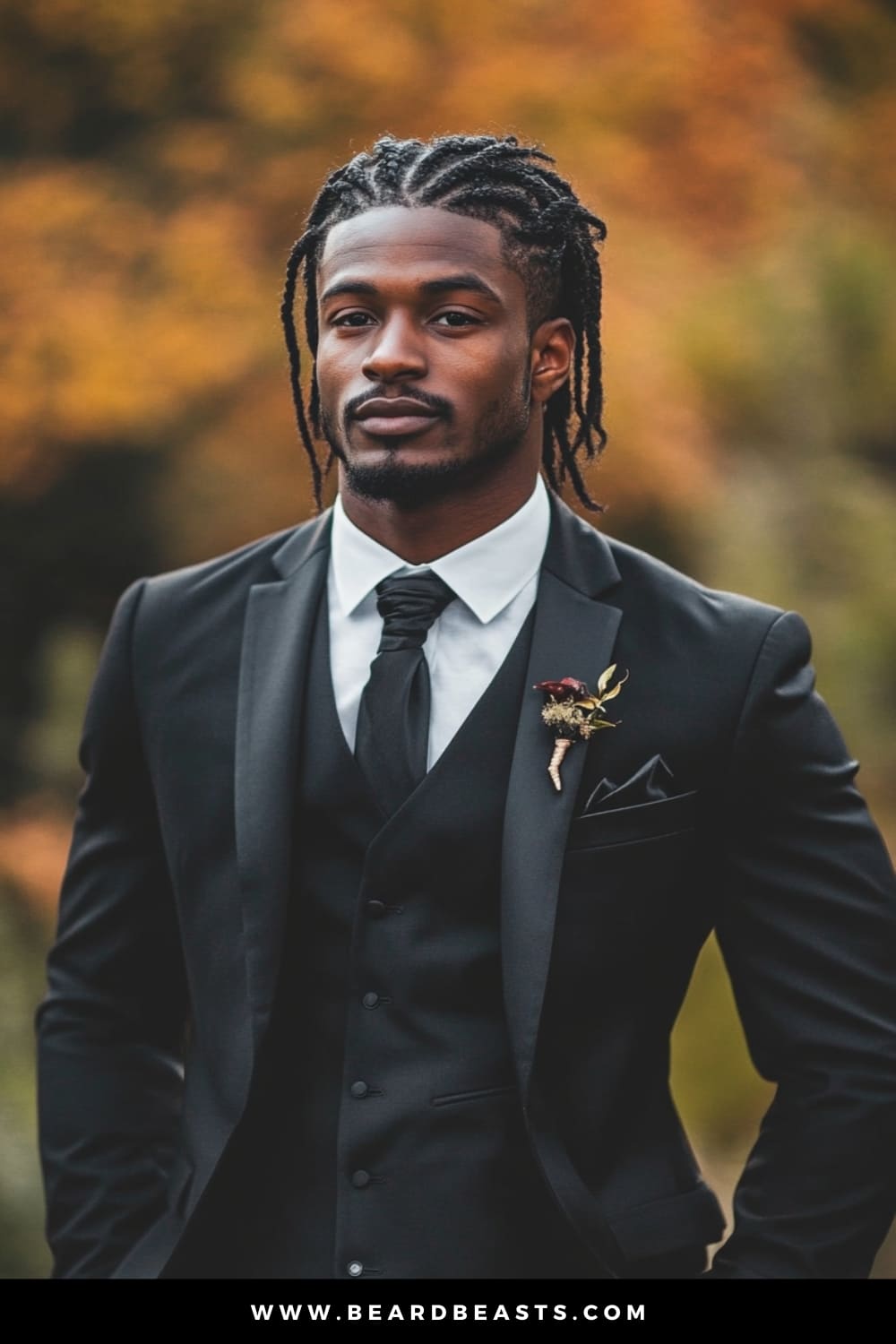 A groom with a stylish Cornrows hairstyle, showcasing one of the most distinctive men's wedding hairstyles. His hair is meticulously braided into neat cornrows, creating a sharp and defined look that exudes confidence and cultural pride. Complemented by a well-groomed beard, his hairstyle pairs perfectly with the sleek, tailored black suit and matching tie, giving him a sophisticated and powerful presence. The addition of a boutonniere adds a touch of elegance, making this hairstyle ideal for a formal wedding setting. The autumnal background further enhances the groom's striking appearance, making this a memorable choice for a wedding day.