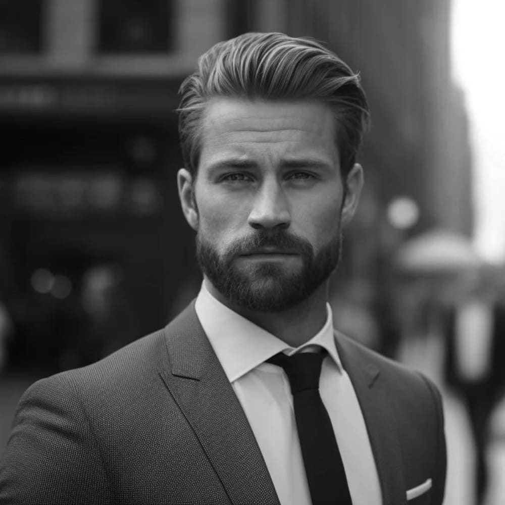 A black-and-white portrait of a man with a neatly groomed corporate beard. His beard is full yet trimmed short, giving him a polished and professional appearance. The beard lines are clean and well-defined, complementing his strong jawline. He has meticulously styled hair, swept back with volume, enhancing his sophisticated look. The man is dressed in a tailored suit, complete with a crisp white shirt and a sleek black tie. His expression is serious and focused, conveying confidence and authority. The background shows a blurred urban setting, possibly a city street, which adds to the professional and cosmopolitan vibe of the image.