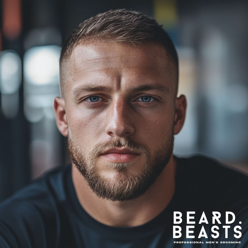 Close-up of a man with a classic crew cut, one of the most timeless and practical athletic hairstyles for men. The haircut features short, evenly trimmed sides and a slightly longer top for a clean, low-maintenance look. Ideal for active individuals, this style stays sharp during workouts and provides a polished appearance for any occasion. The crew cut highlights simplicity and versatility, making it a go-to choice for sporty, modern men.