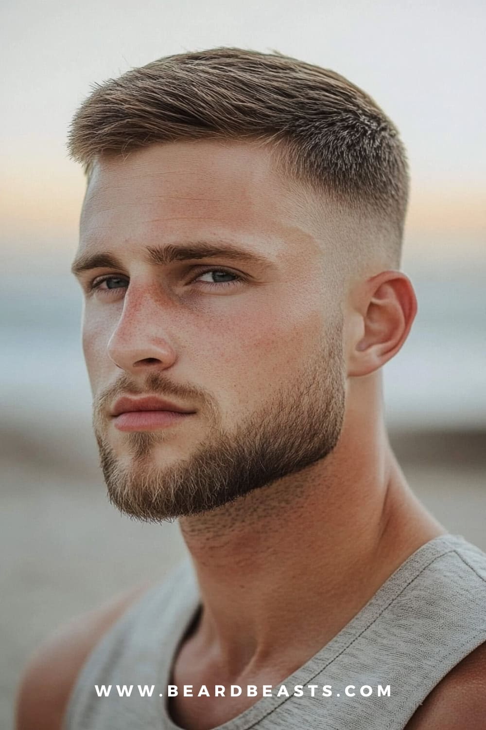 A man with a crew cut and a trimmed beard. The sharp, textured look combines military precision with a relaxed vibe, perfect for a clean yet effortless beach style.